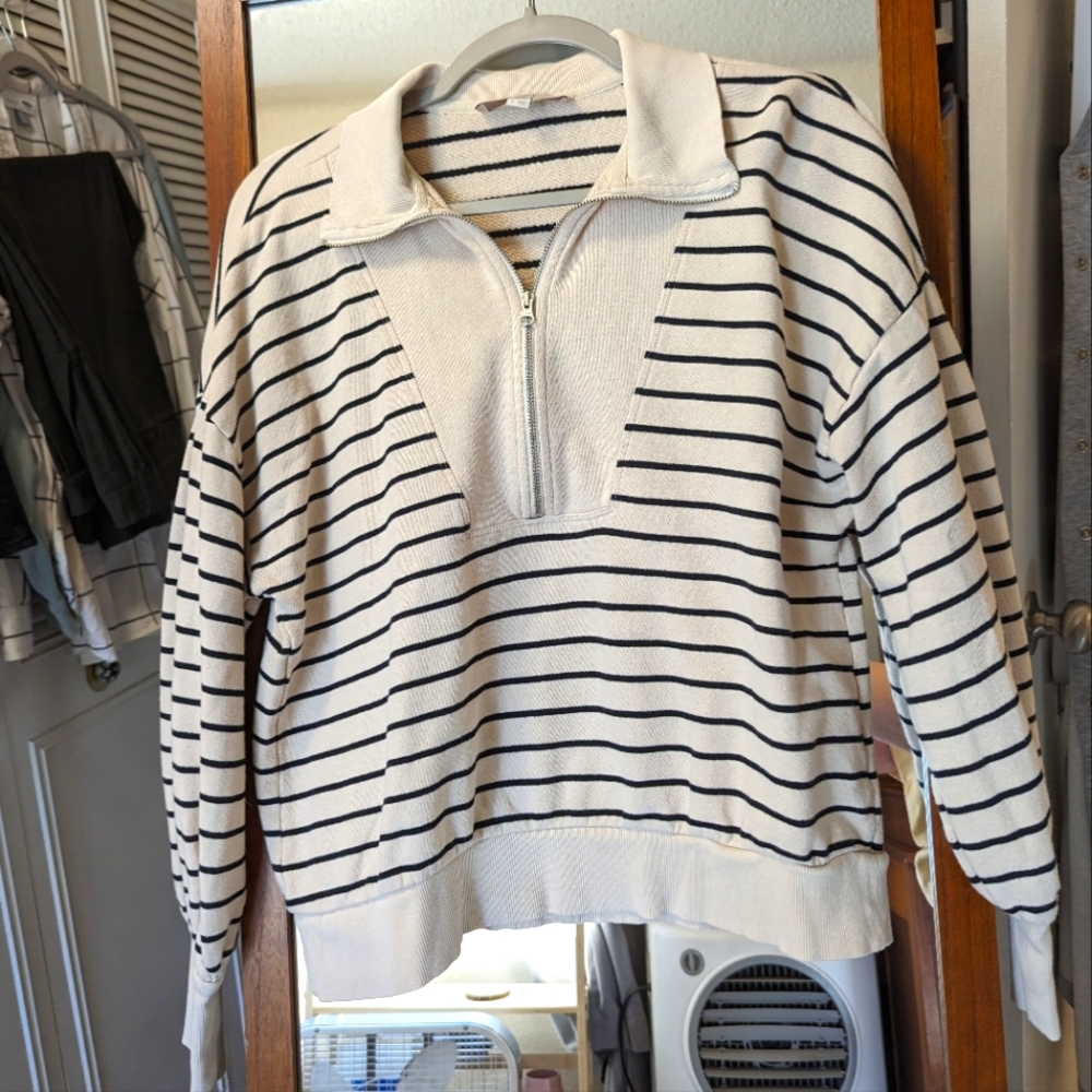 Quarter Zip LOFT Sweater, cream and navy stripes
